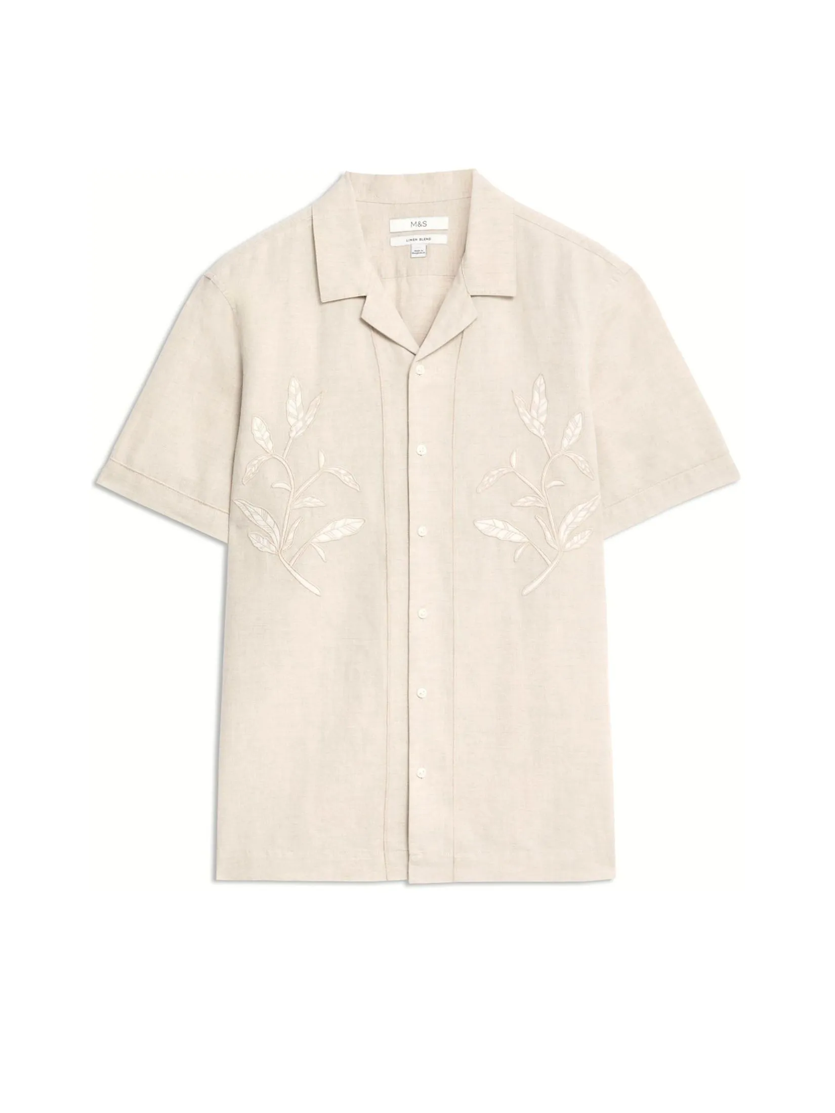 MARKS & SPENCER Men Shirt Short Sleeves Cotton Linen Blend Cuban Collar NB_ECRU MIX