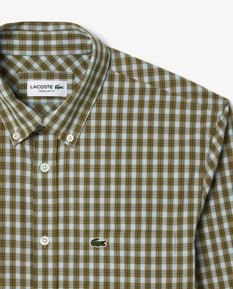 LACOSTE Khaki GreenChecked Poplin Shirt