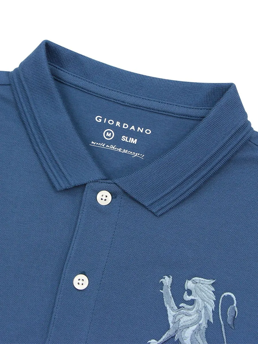 GIORDANO Men's Lycra Pique Embroidery Polo (3D Lion) Key Largo Blue