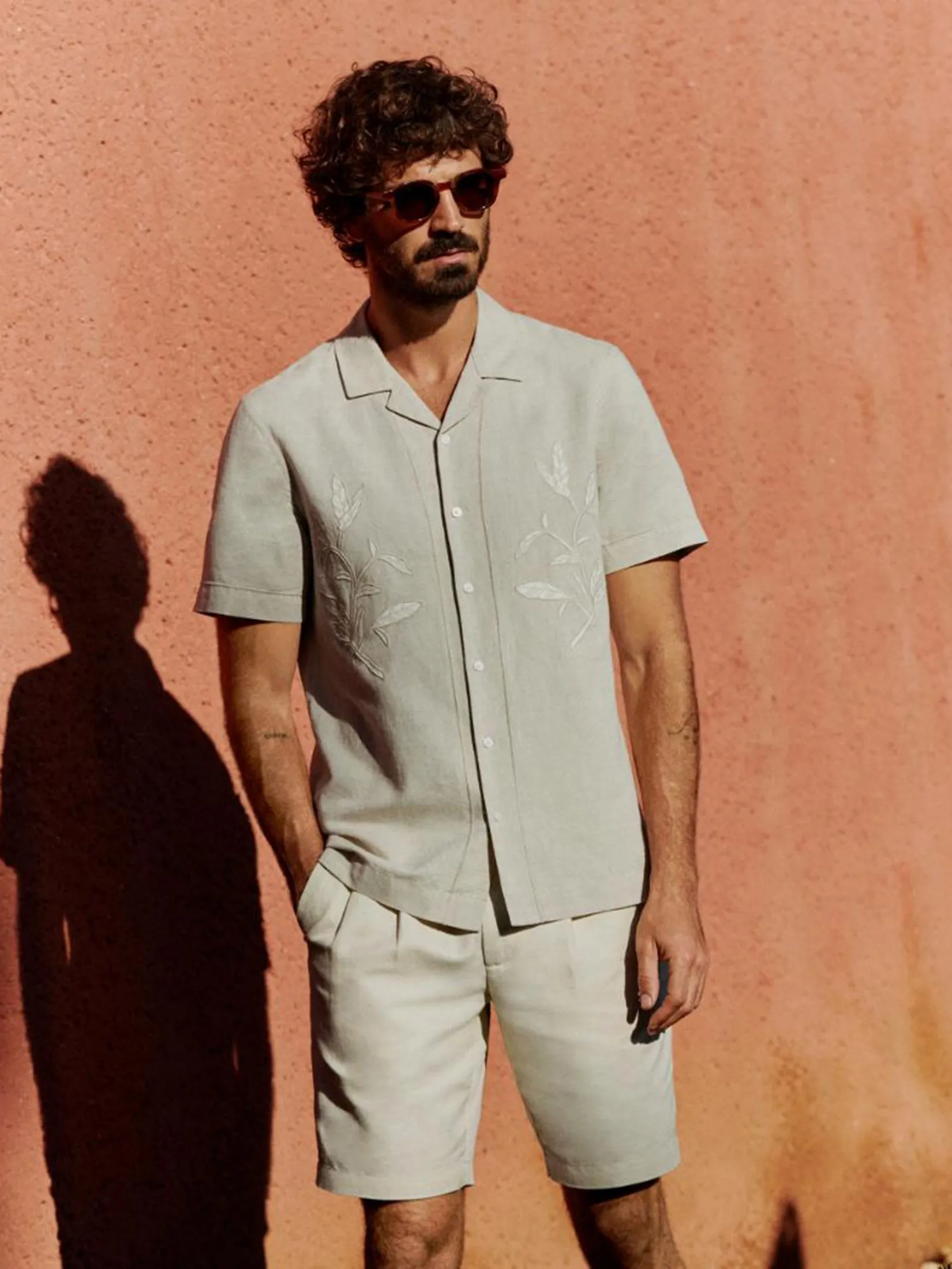 MARKS & SPENCER Men Shirt Short Sleeves Cotton Linen Blend Cuban Collar NB_ECRU MIX