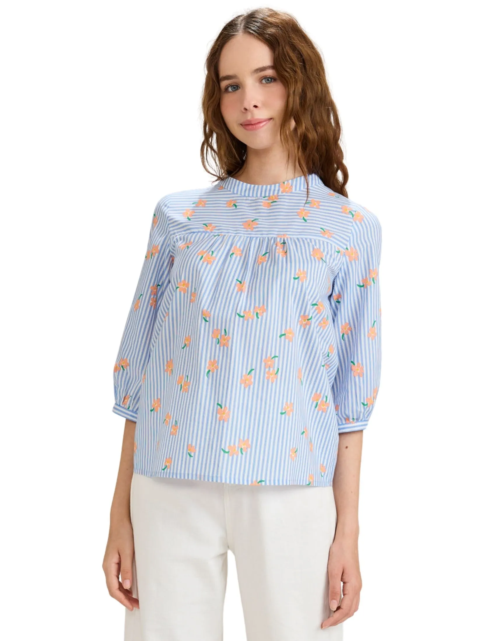 AMILA Women Blouse Long Sleeves Cotton Blue