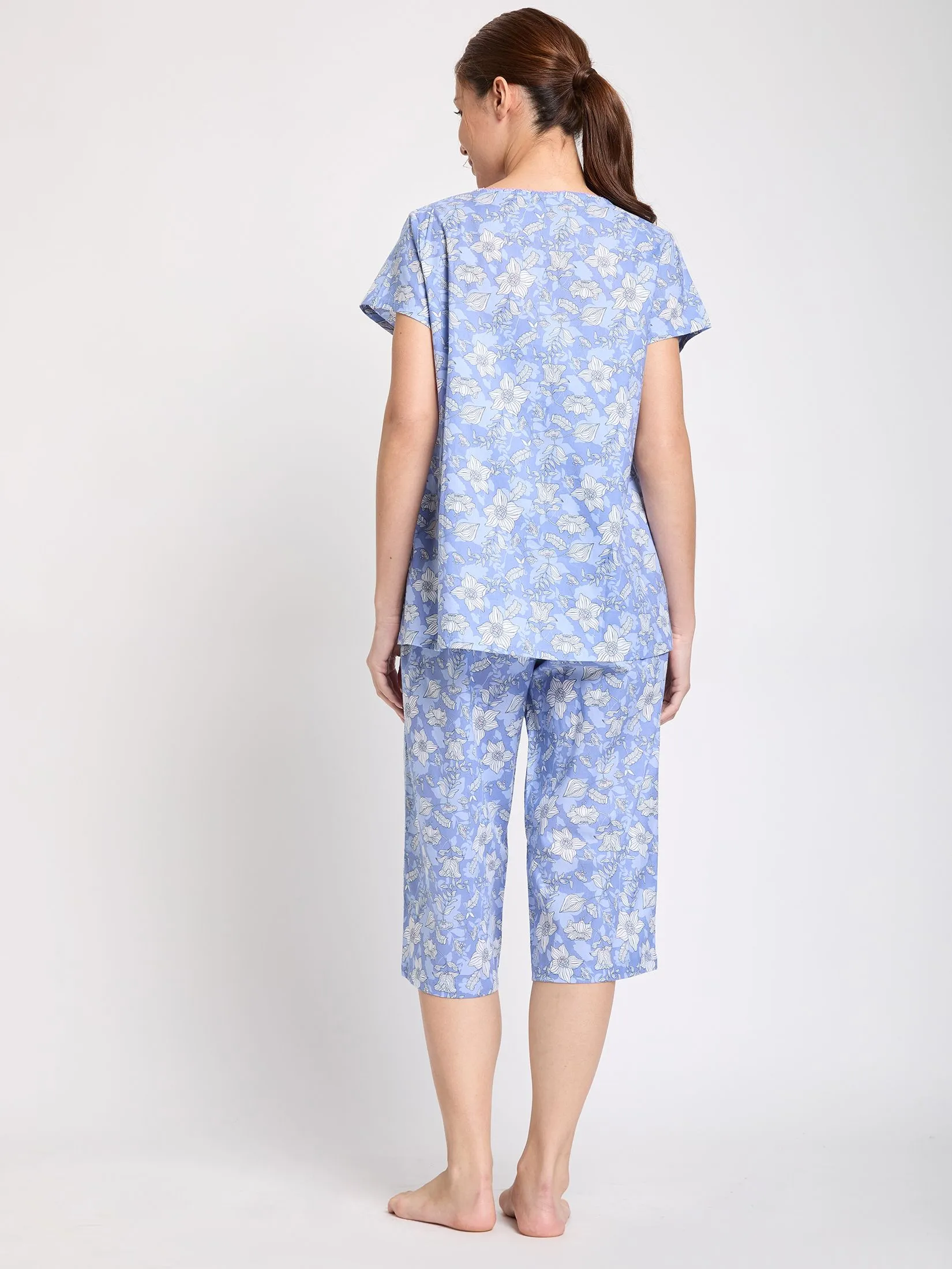CLAUDIA'S ROMANCE Women Pyjamas Polo Round Neck + 3/4 Pants Print Blue