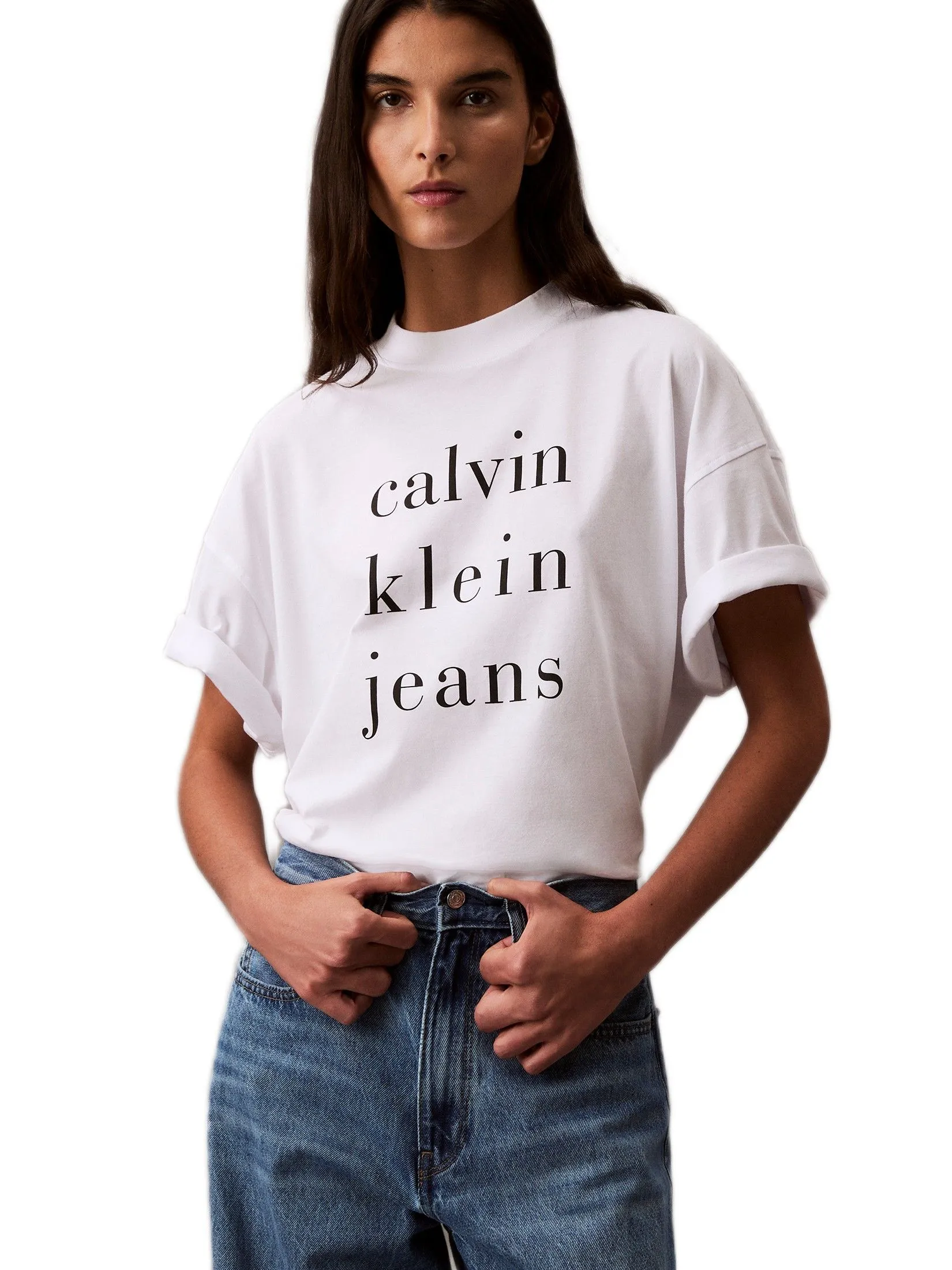 CALVIN KLEIN Women's Spaced Logo Graphic Relaxed Fit T-shirt White