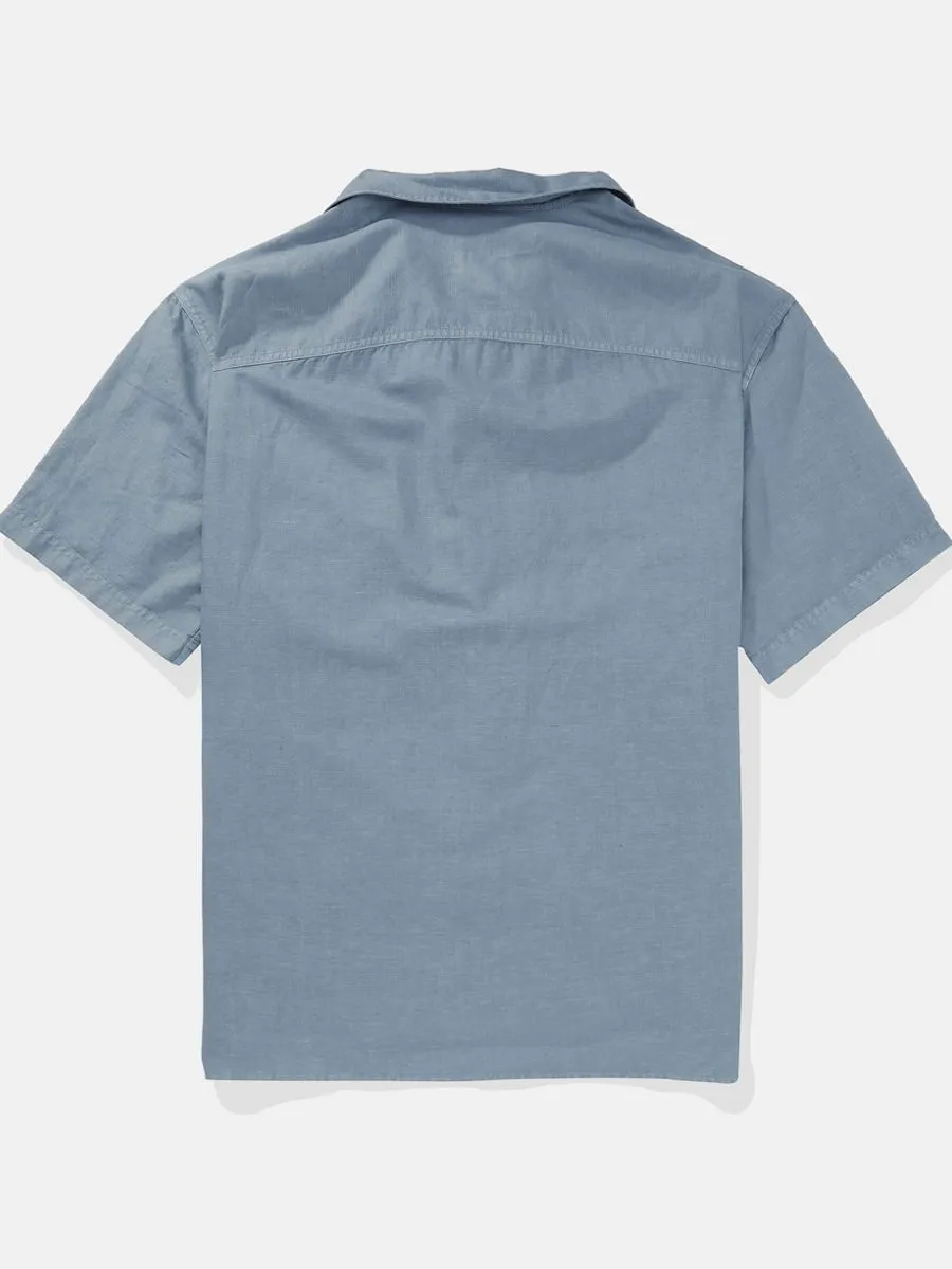 AMERICAN EAGLE MEN SS OVERSIZED CAMP COLLAR LINEN SOLIDS 401 LIGHT BLUE