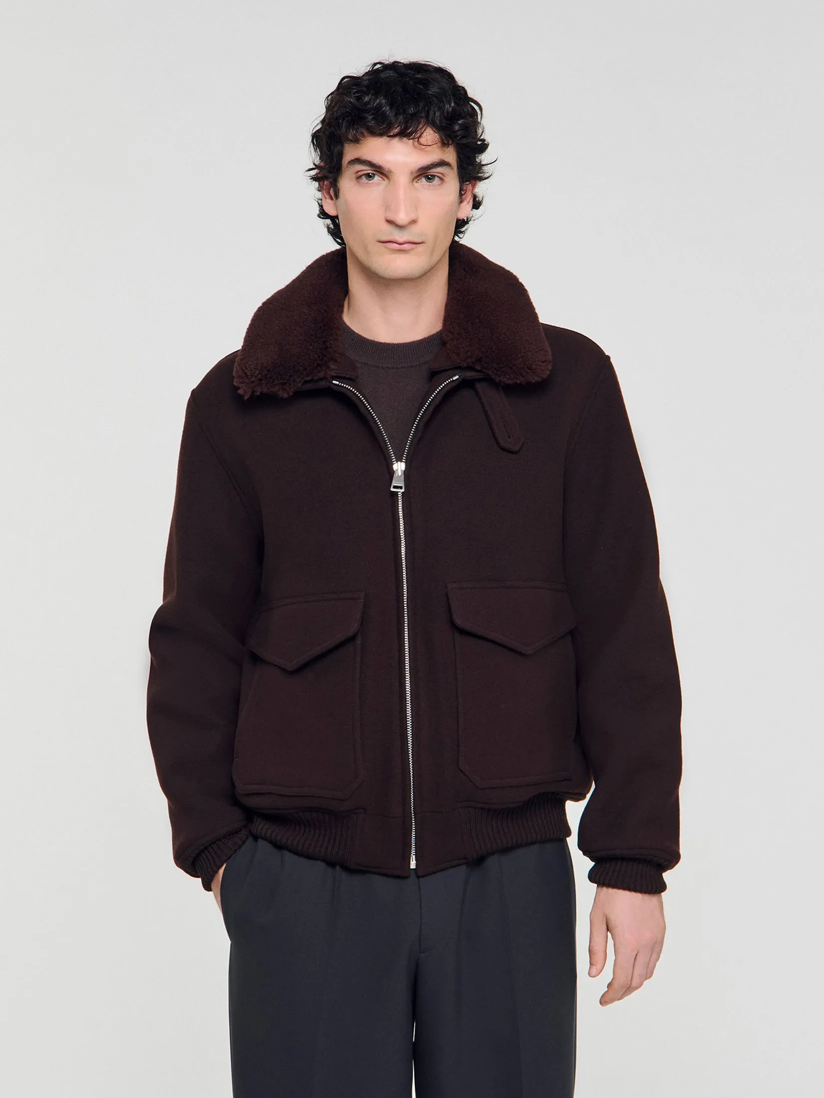 SANDRO Wool Aviator Jacket With Shearling