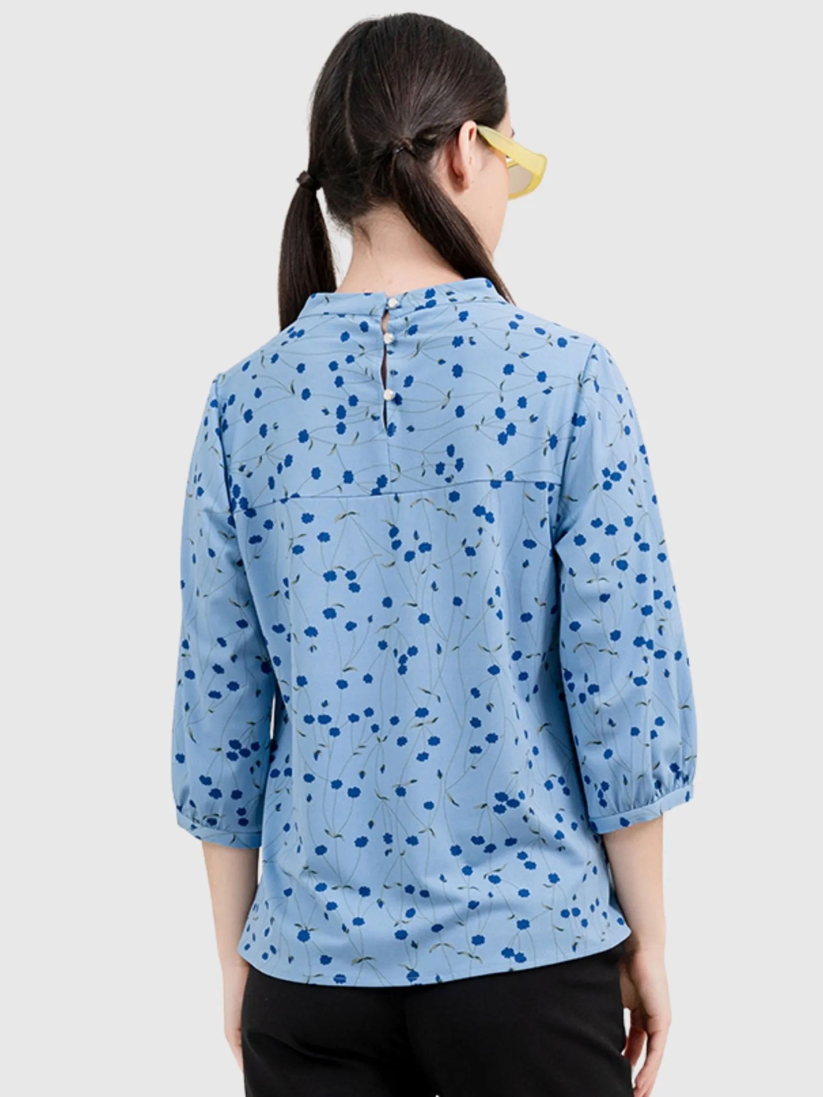 AMILA Women Blouse Long Sleeves Spun Print Blue