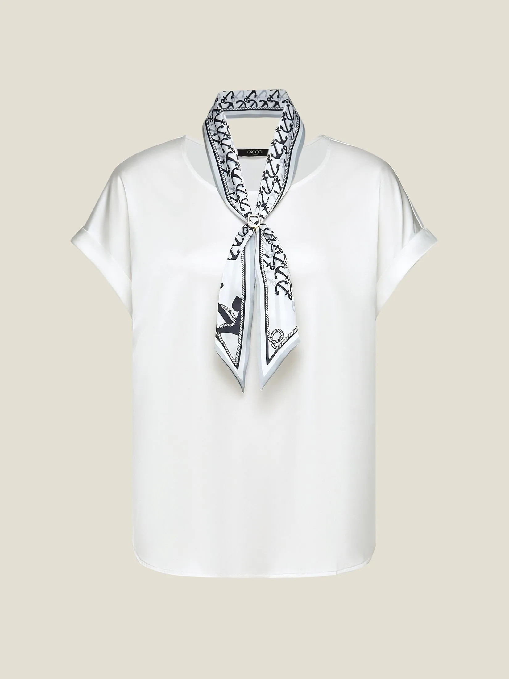 G2000 Women Clothing Satin Short Sleeve Blouse With Scarf & Ring  Regular Fit - Off-White
