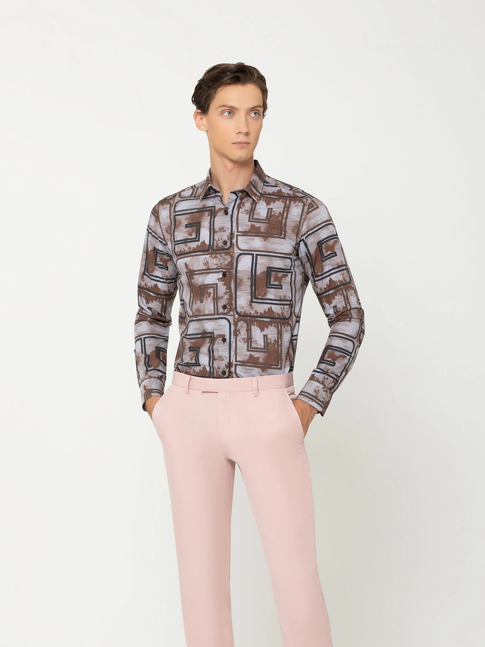 GUY LAROCHE MENWEAR Men's Shirt Long-Sleeve Brown Shirt, 100% Polyester, Slim Fit, Model BAB7200W5BR