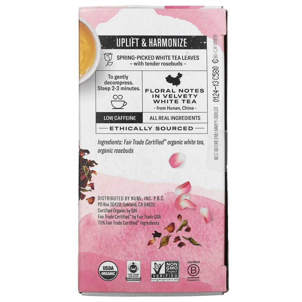 Numi Tea, органический чай, белый чай, белая роза, 16 чайных пакетиков, 32 г (1,13 унции)