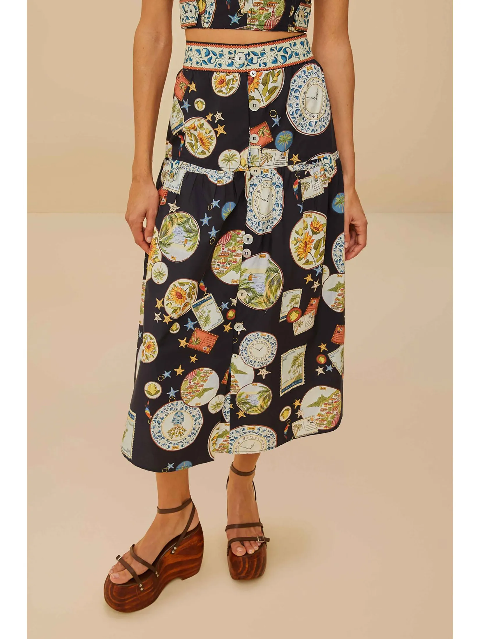 FARM RIO Women Midi Skirt Trip Souvenir Organic Cotton Black