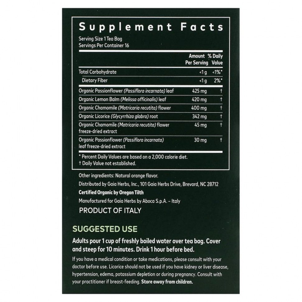 Gaia Herbs, травяной чай, для сна и расслабления, без кофеина, 16 чайных пакетиков, 27,2 г (0,96 унции)