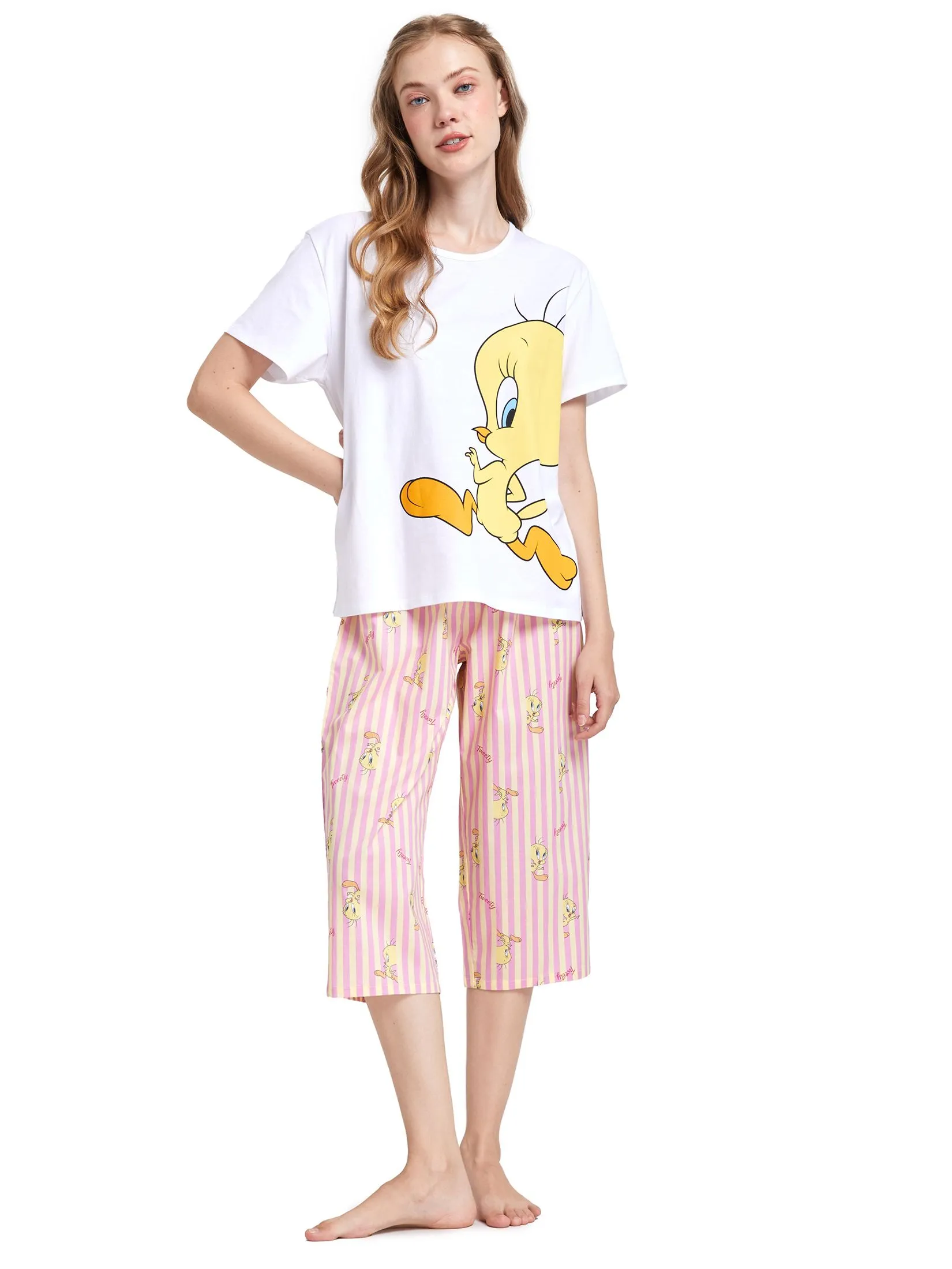 SWEET SENSATIONS Women Pyjamas T-Shirt Short Sleeves Crew Neck + 3/4 Pants Tweety Yellow