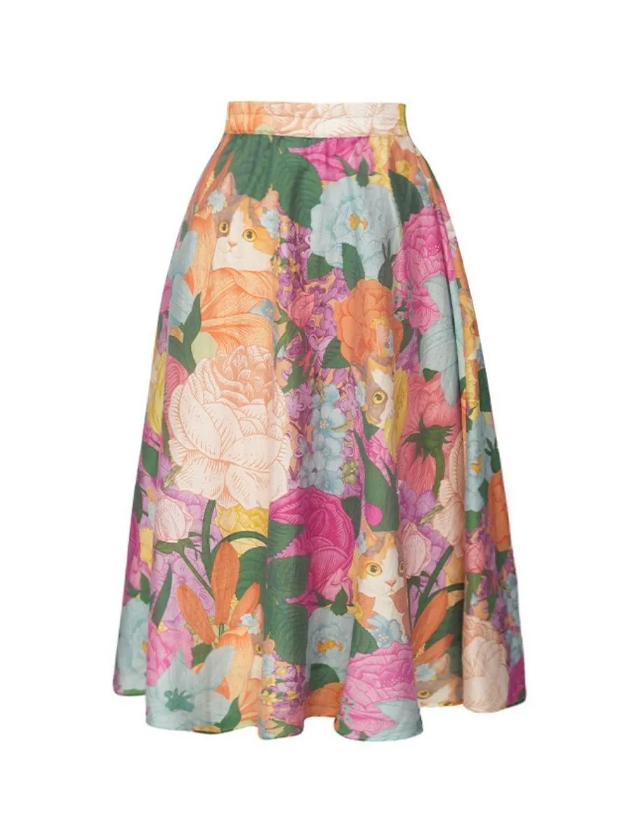 JUNGLE ME Women Little Cat in The Flower Garden Long Skirt Pink