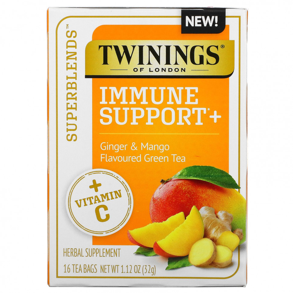 Twinings, Superblends, поддержка иммунитета, с витамином C, зеленым чаем с имбирем и манго, 16 чайных пакетиков, 32 г (1,12 унции) каждый