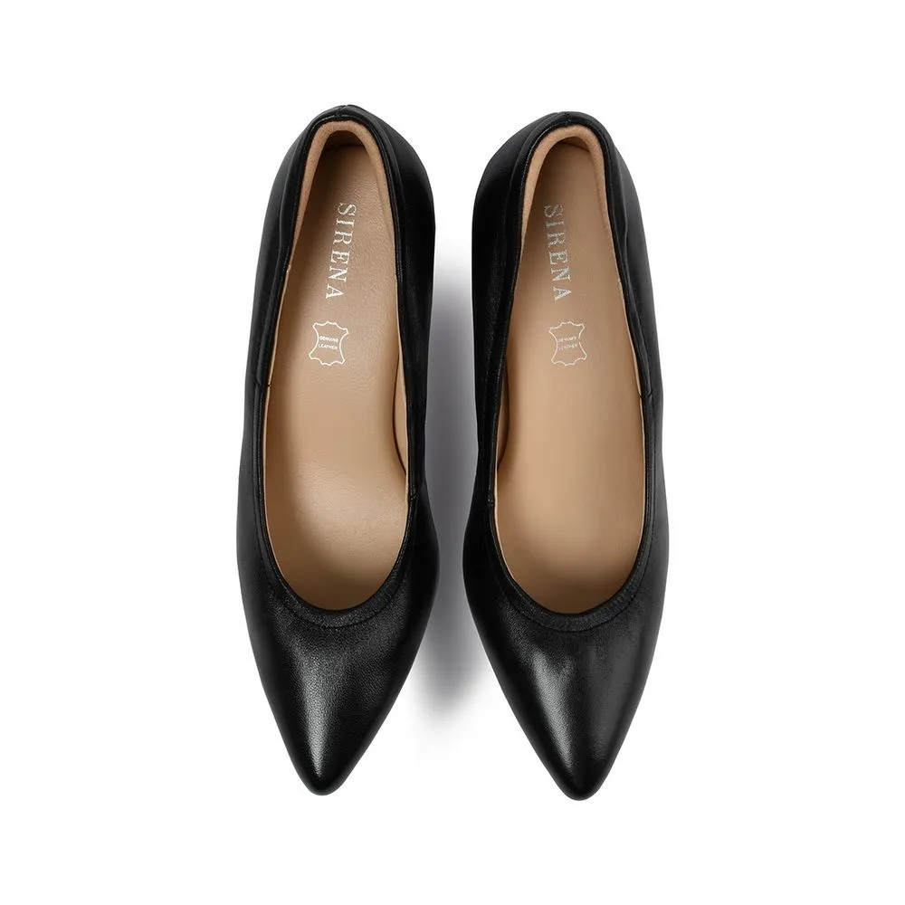 SIRENA Black Leather Court Shoes Pointed Toe Blocked Heel 2 inch Hera