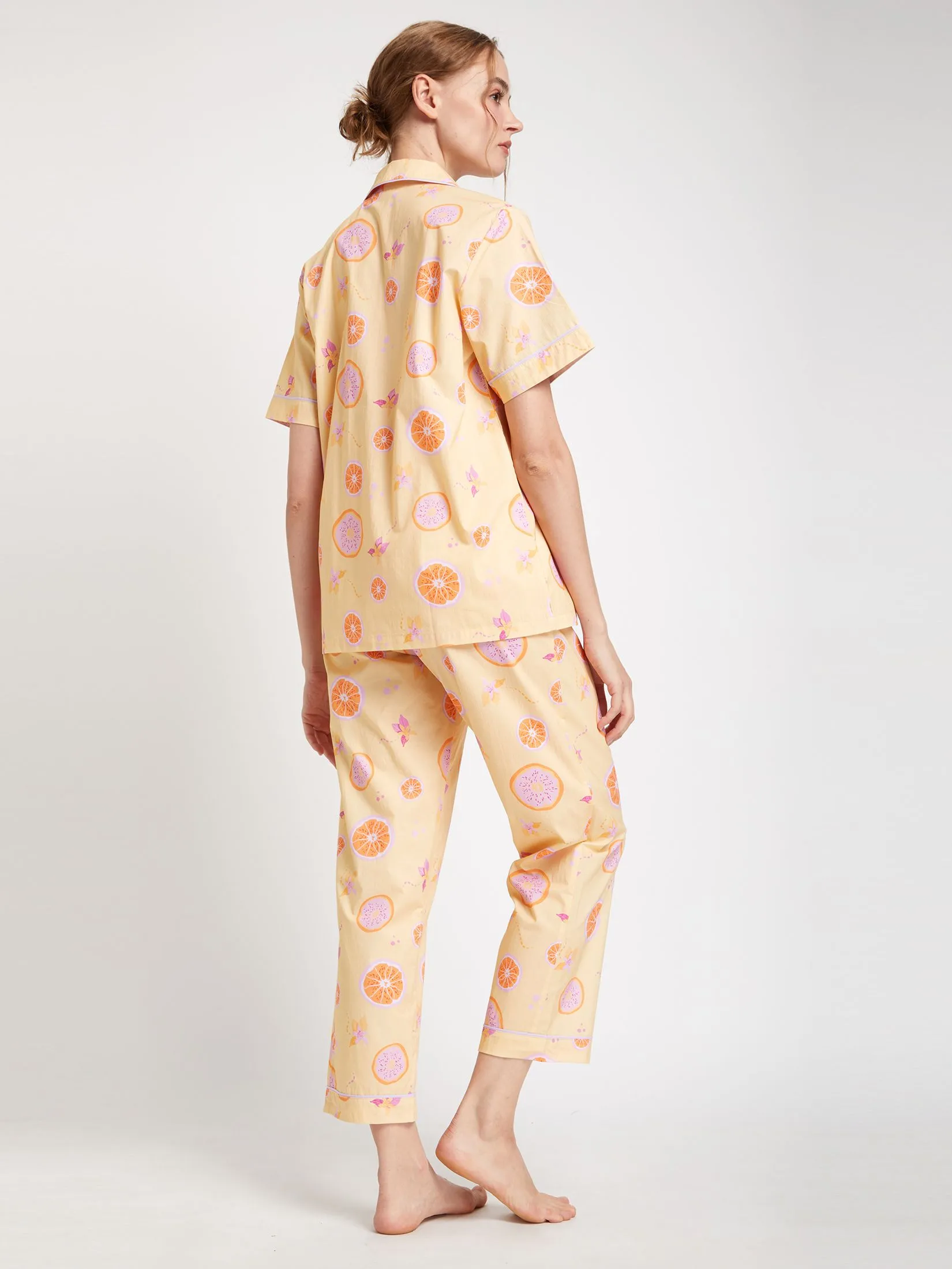 FOF Women Pyjamas Shirt Short Sleeves Collar Neck + Pants Lemon Print Yellow