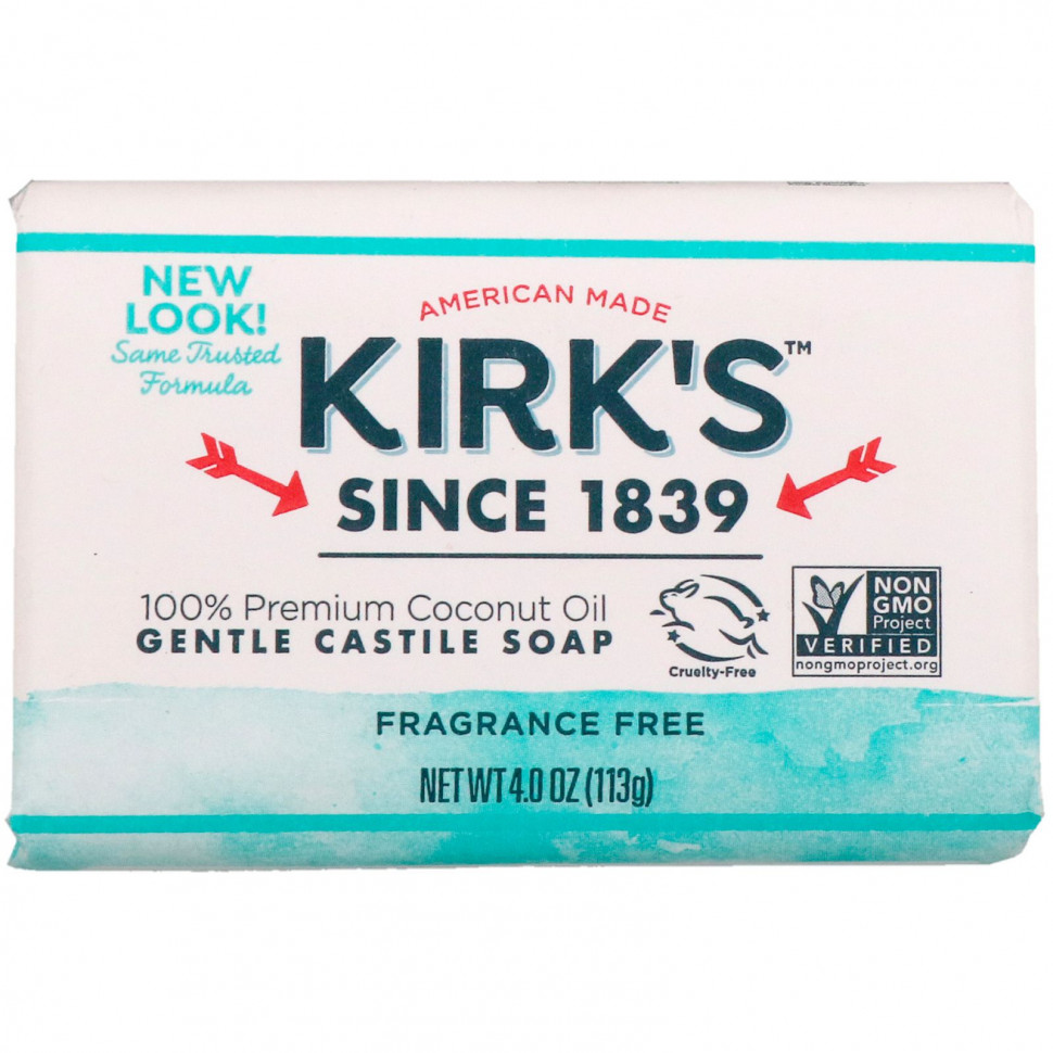 Kirk's, Gentle Castile Soap Bar, Fragrance Free, 4 oz (113 g) - KIR-14900-Без запаха | 113 г