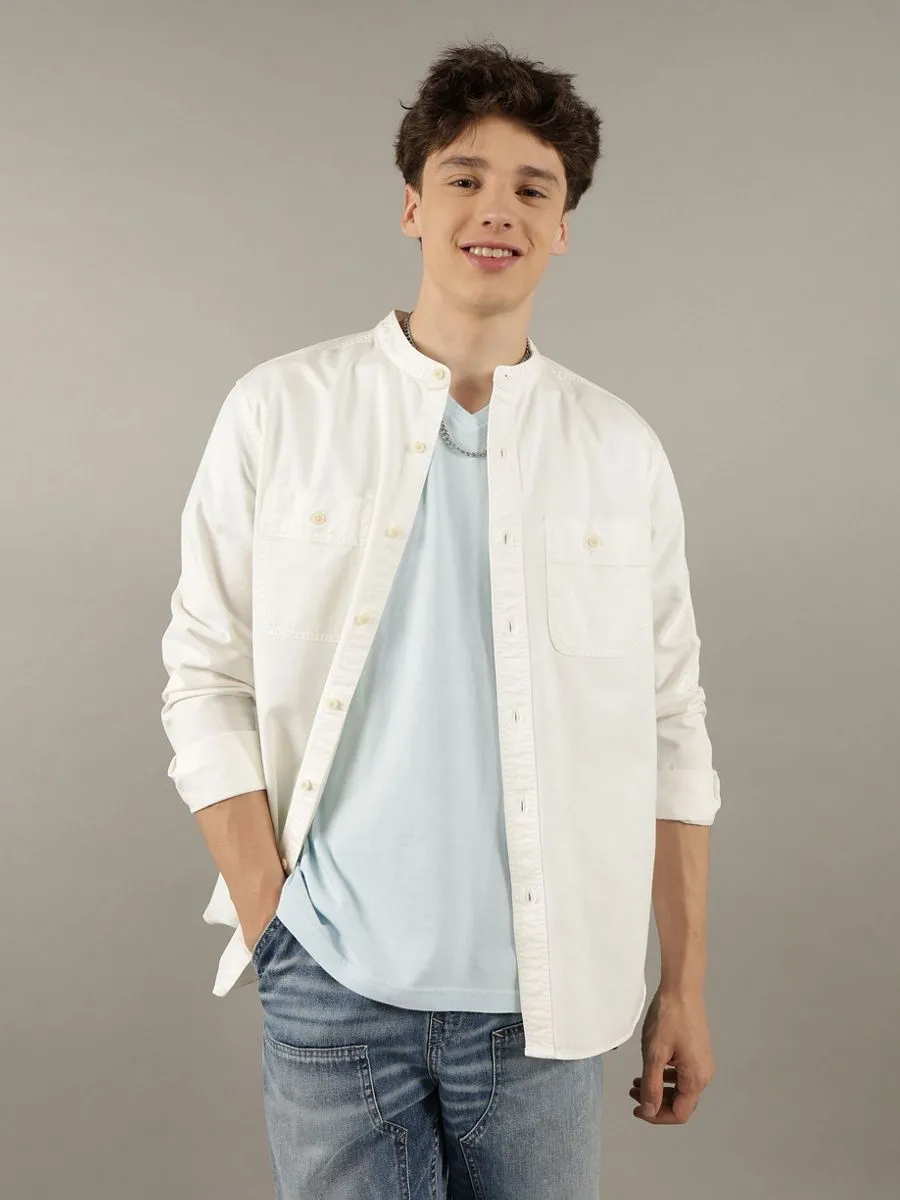 AMERICAN EAGLE MEN 2388 CF BAND COLLAR HENDRIX TWILL SHIRT 106 CREAM