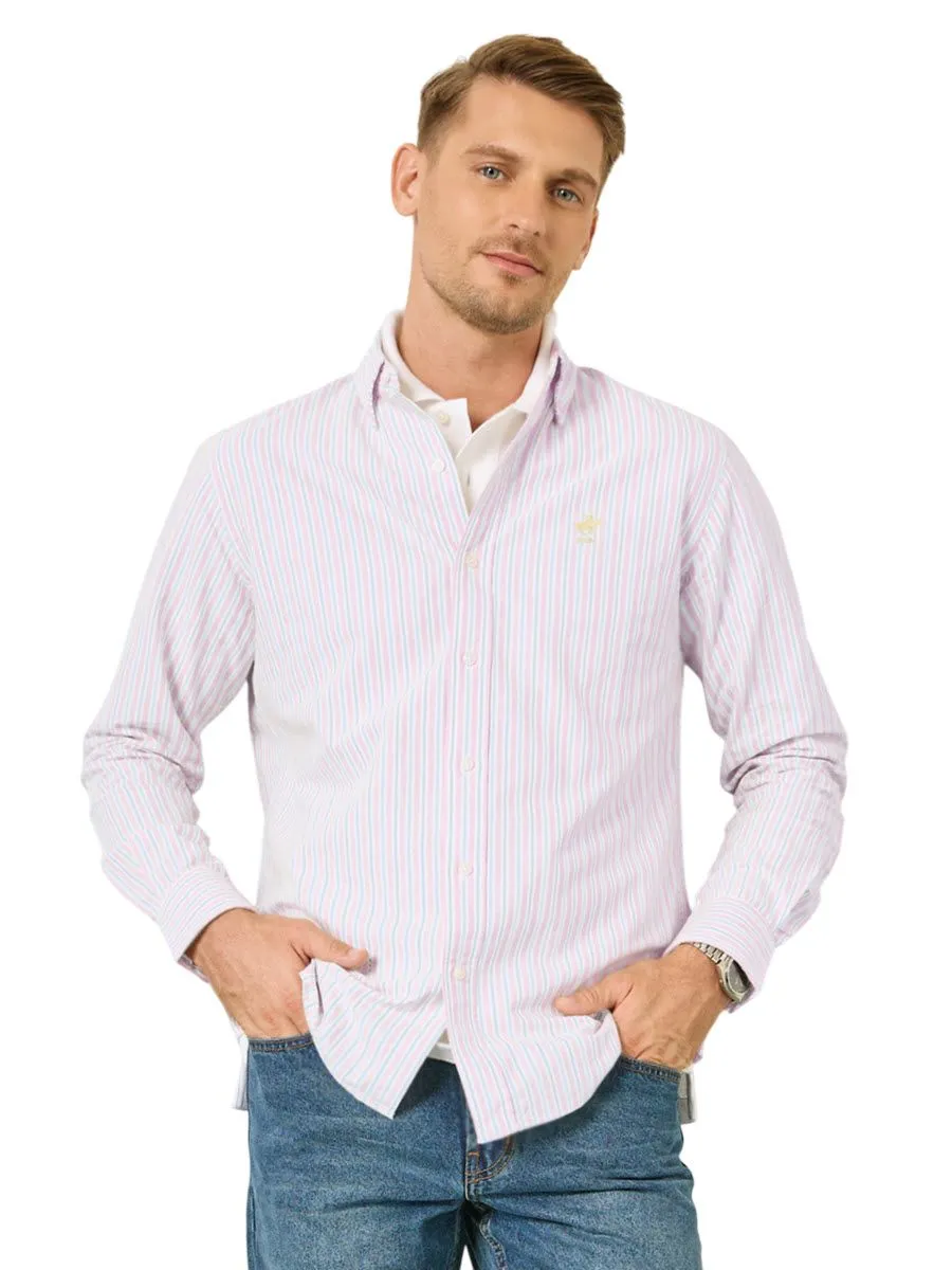 BEVERLY HILLS POLO CLUB Men Oxford Relax Fit Shirt Long Sleeve, Striped