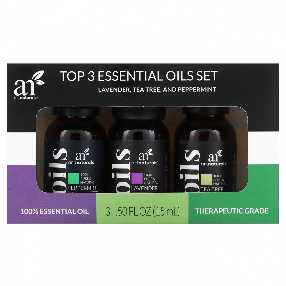 artnaturals, Набор из 3 основных эфирных масел, лаванда, чайное дерево и перечная мята, набор из 3 предметов, 15 мл (0,50 жидк. Унции) каждый