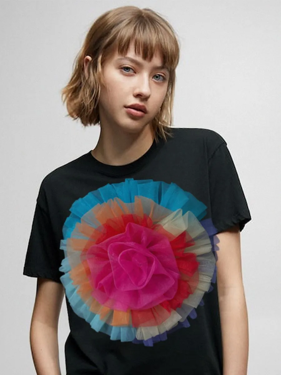 ICONIC BLACK BIG RAINBOW ROSE T-SHIRT