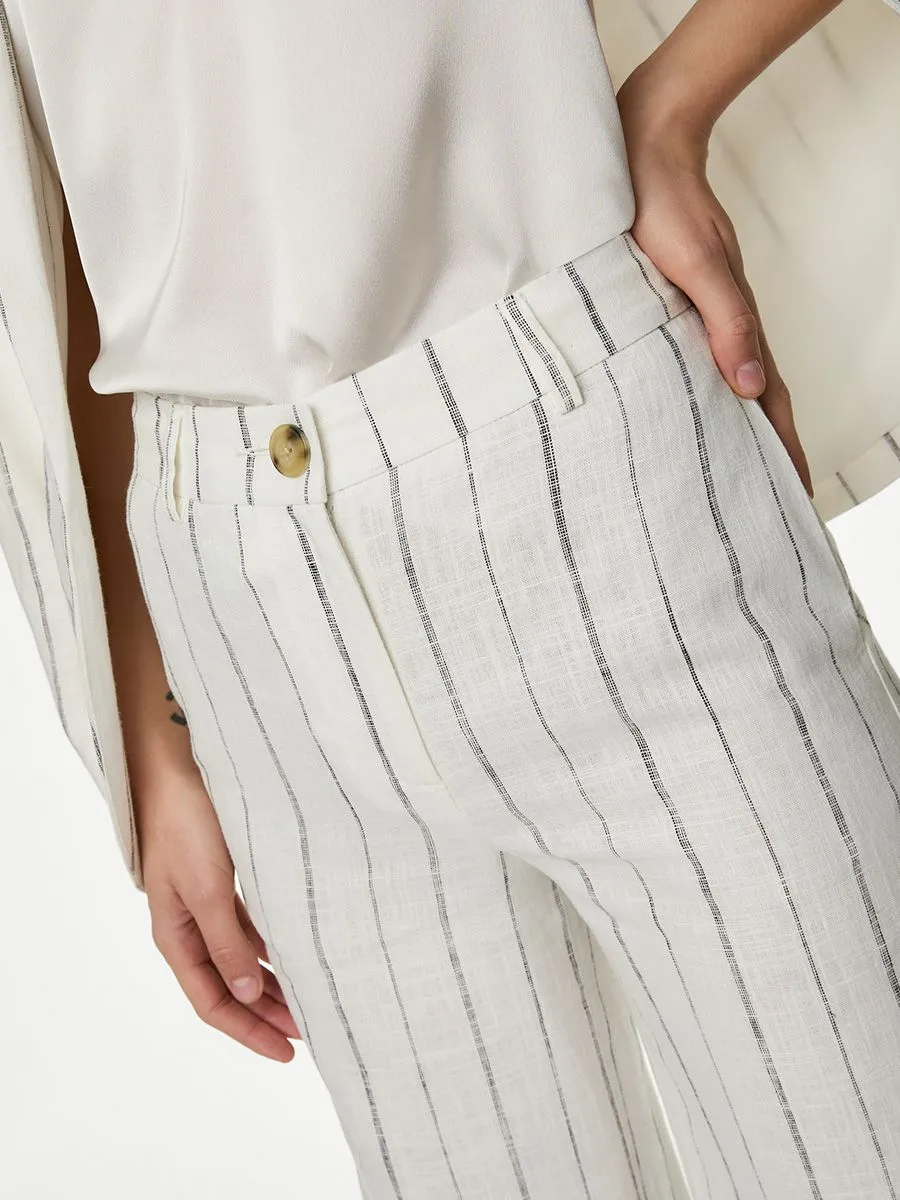 MARKS & SPENCER Women Trousers Wide Leg Linen Rich Striped Ivory Mix