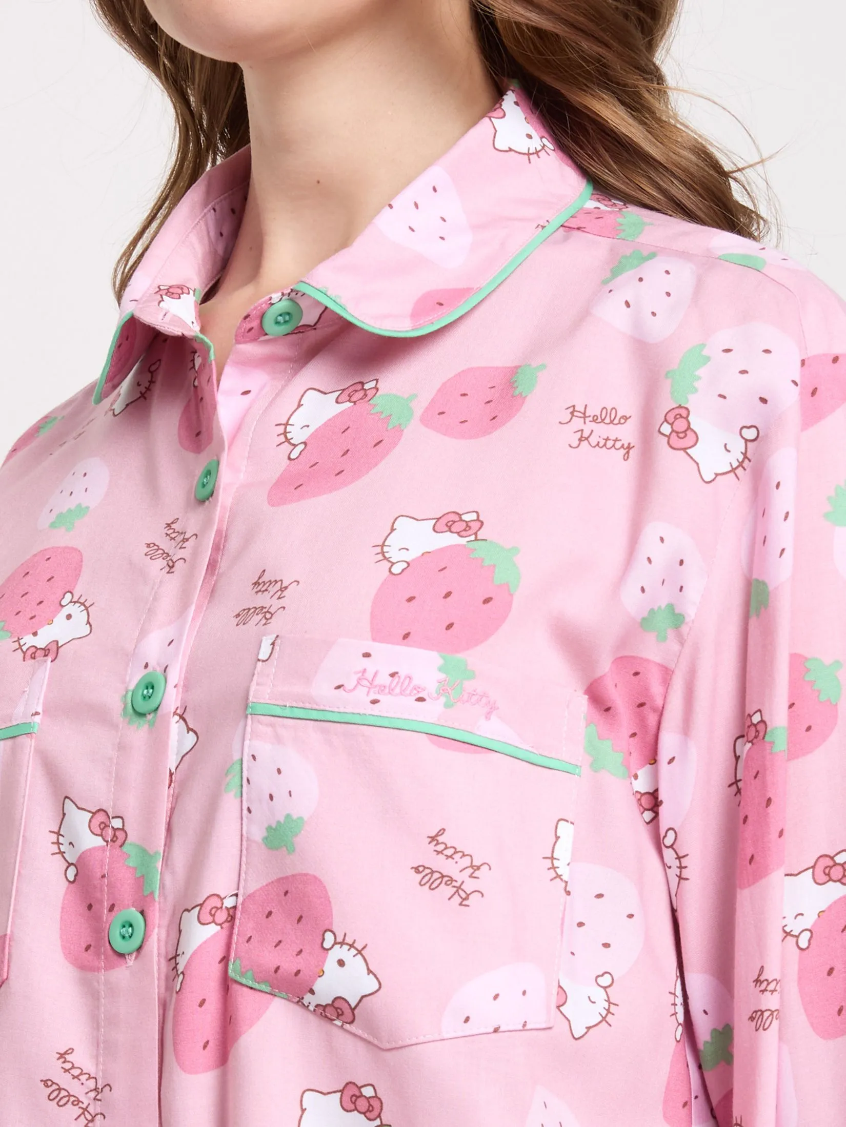 SANRIO Women Pyjamas Shirt Long Sleeves + Pants Strawberry Hello Kitty Pink