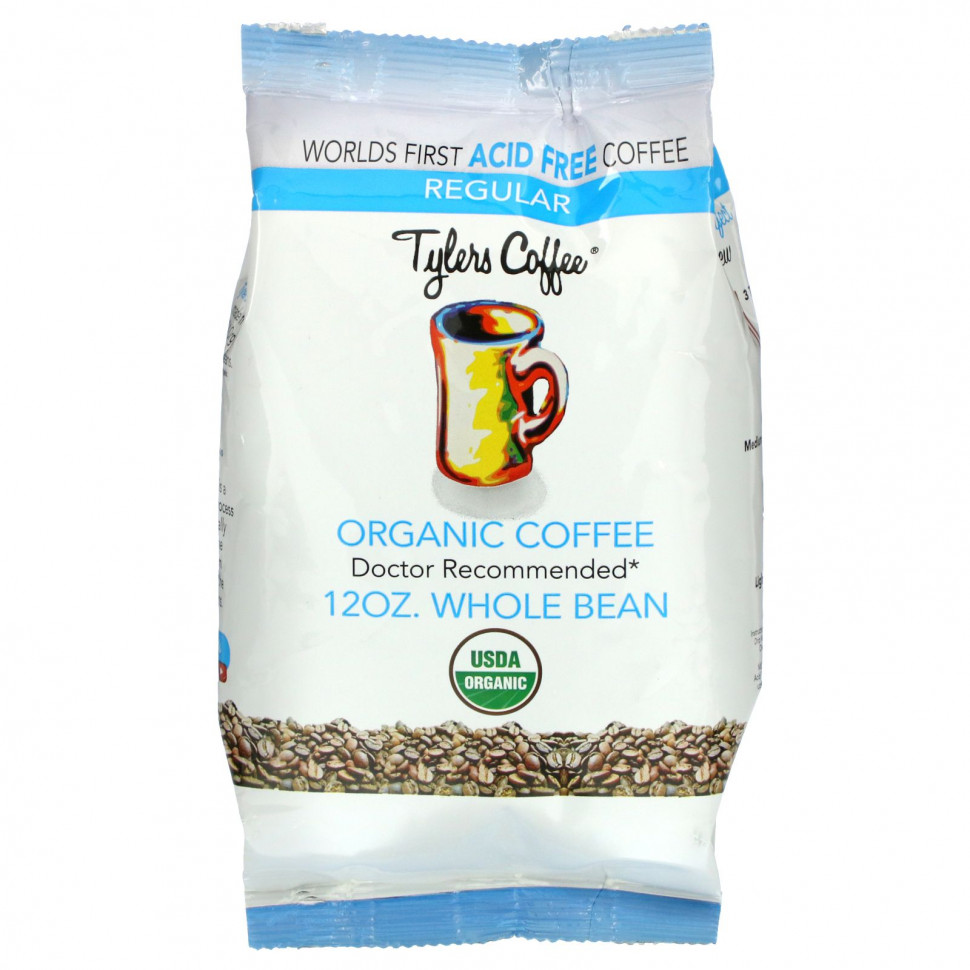 Tylers Coffees, Органический кофе, обычный, цельные зерна, 12 унций - TYC-83617-Без кофеина