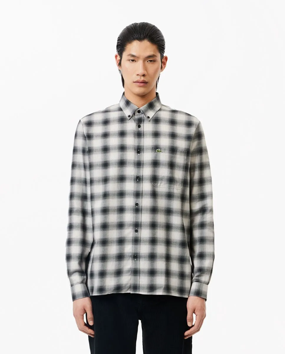 LACOSTE Regular Fit Cotton and Wool Plaid Shirt Black