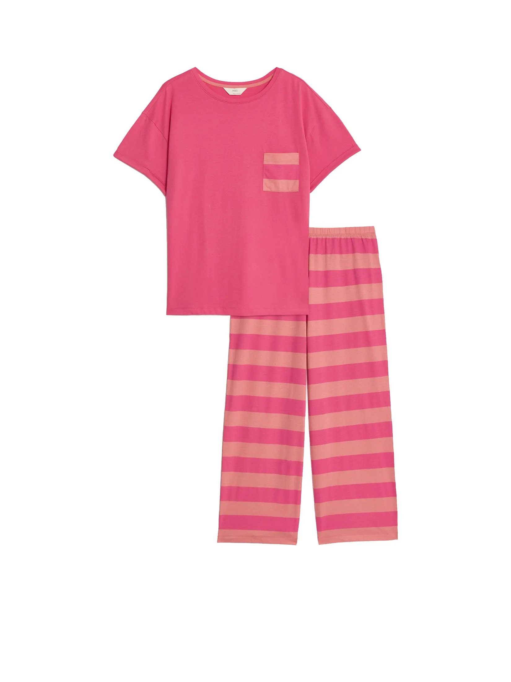 MARKS & SPENCER Women Pyjama Set Cotton Rich Crop Leg Deep Pink