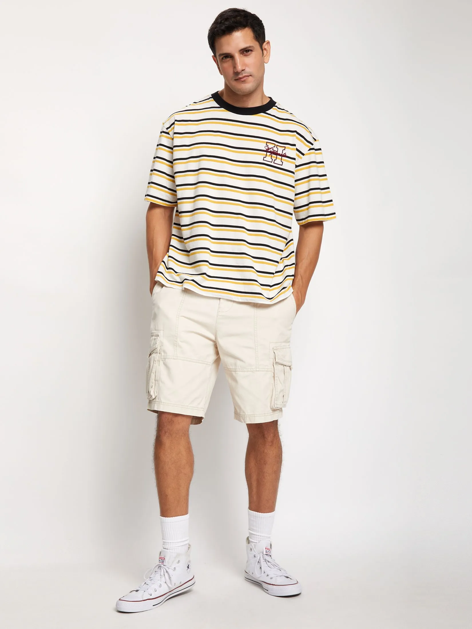 DEFRY 01 Men T-Shirt Short Sleeves Striped Prints Yellow