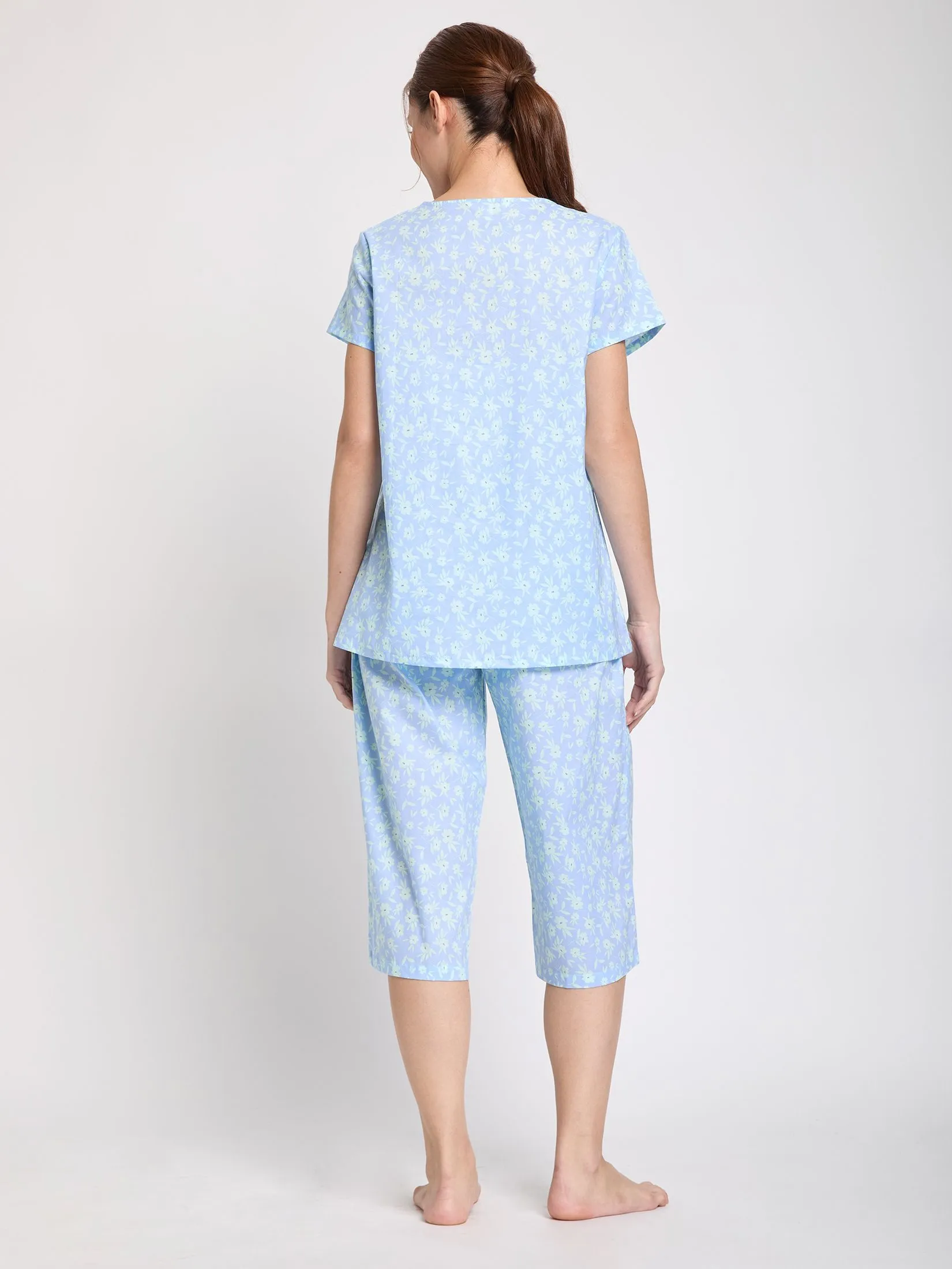 CLAUDIA'S ROMANCE Women Pyjamas Short Sleeves V-Neck + 3/4 Pants Floral Print Blue