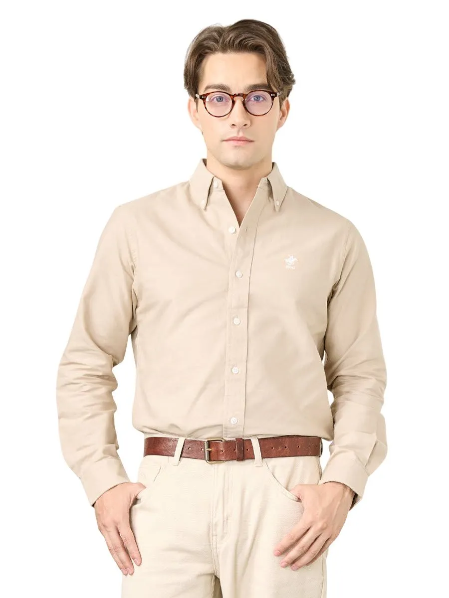BEVERLY HILLS POLO CLUB Men Oxford Relax Fit Shirt Long Sleeve, Light Brown