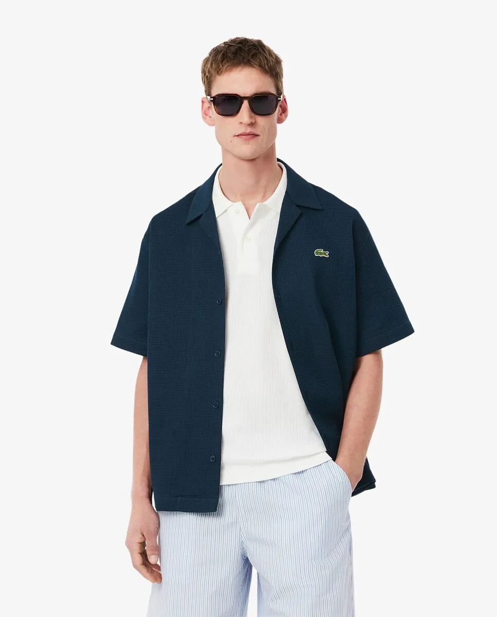 LACOSTE Relaxed Fit Waffle Texture Shirt Blue