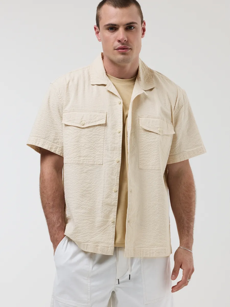 AMERICAN EAGLE MEN SS OVERSIZED 2 PKT CAMP COLLAR NATURAL SEERSUCKER SHIRT 164 SOFT OAT