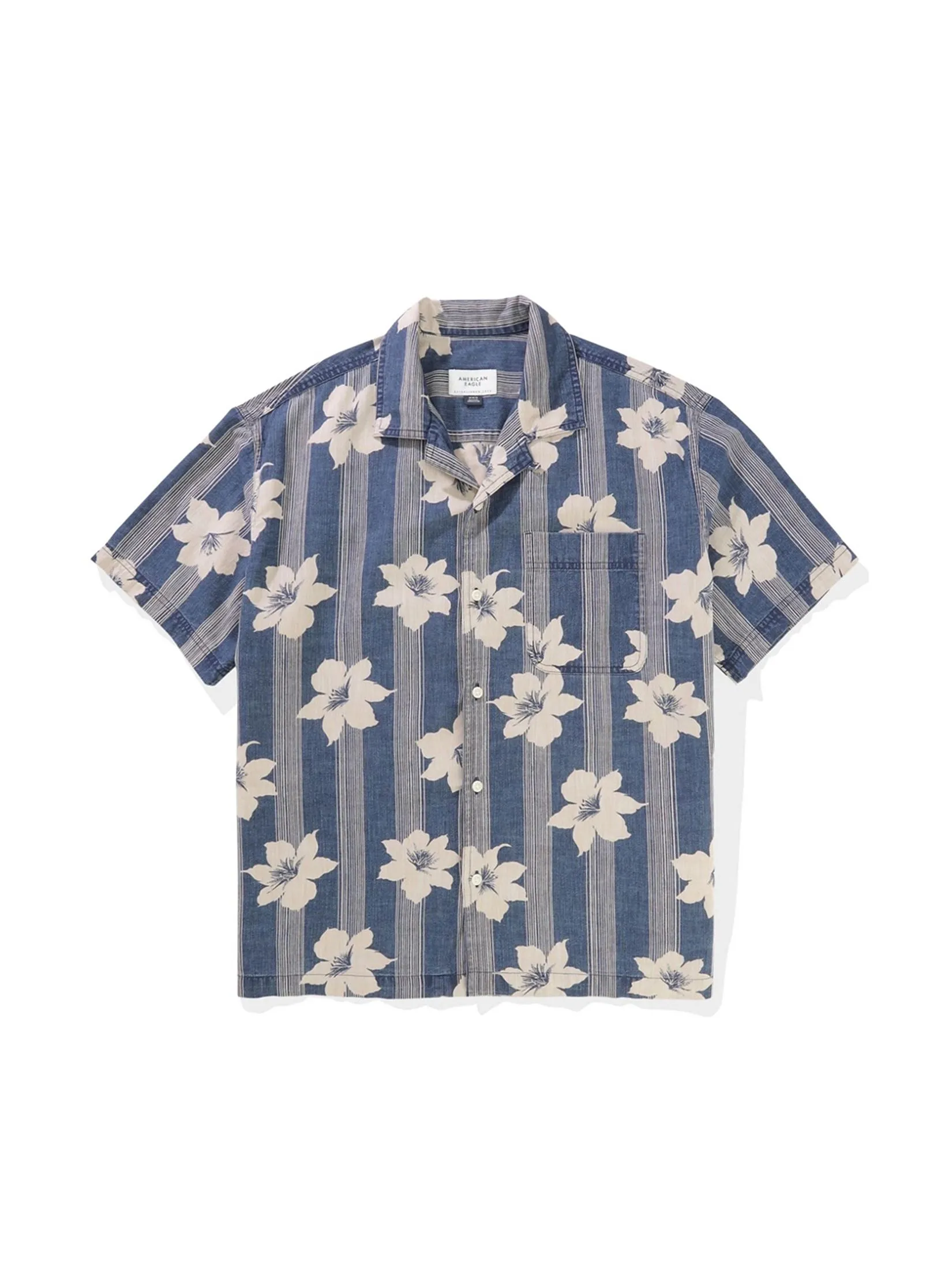 AMERICAN EAGLE MEN LUKE SS OVERSIZED CAMP COLLAR INDIGO DISCHARGE PRINT 400 BLUE