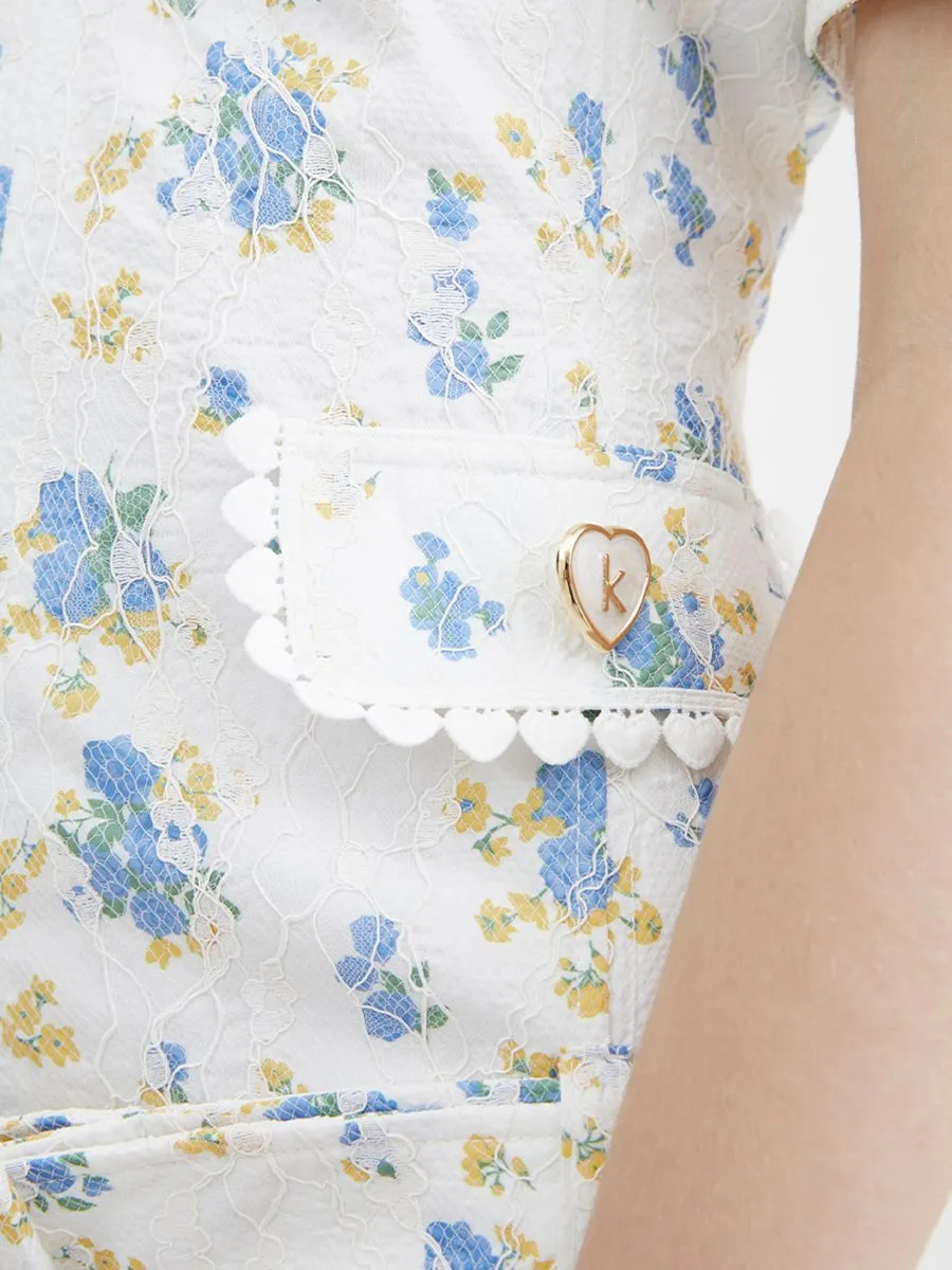 KLOSET (RS23)Flowers Lace Front Pockets Dress With Belt Blue