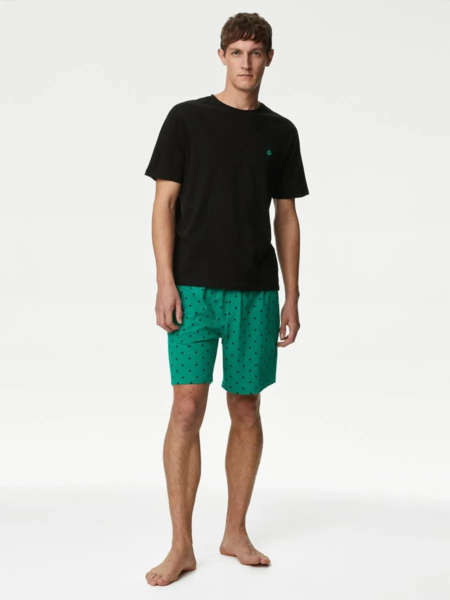 MARKS & SPENCER Men Pyjama Set T-Shirt Short Sleeves + Shorts Pure Cotton Clover Printed J4_Green Mix