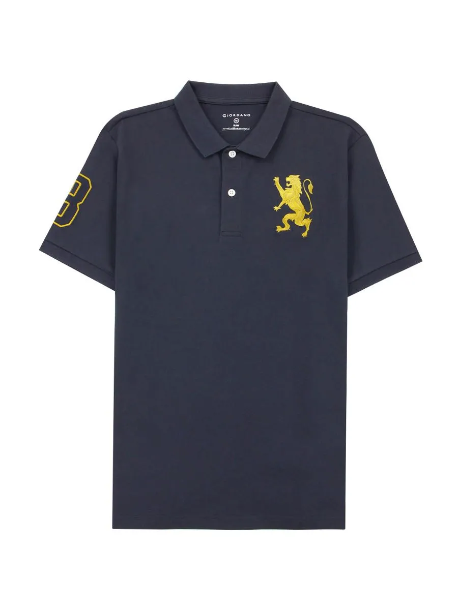GIORDANO Men's Slim Fit 3D Lion Embroidery Polo Signature Navy
