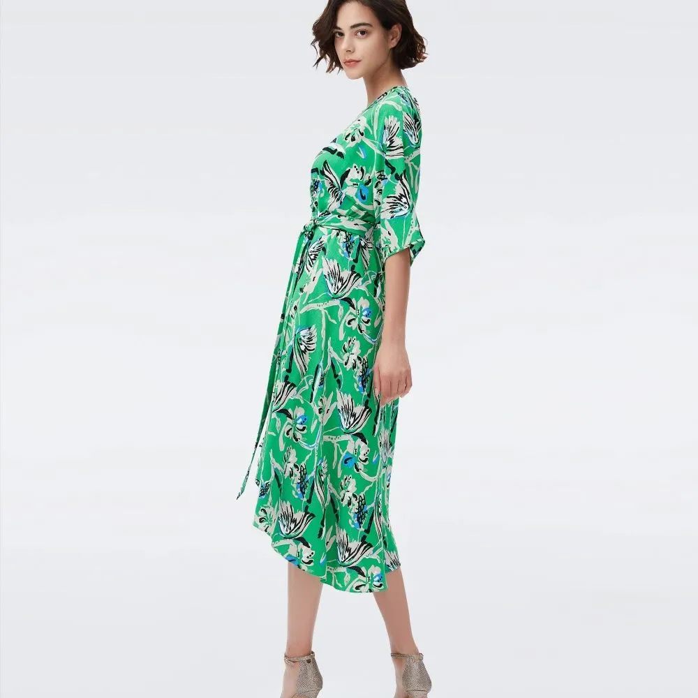DIANE VON FURSTENBERG DVF ELOISE MIDI DRESS BUTTERFLY FLORAL SIG GREEN