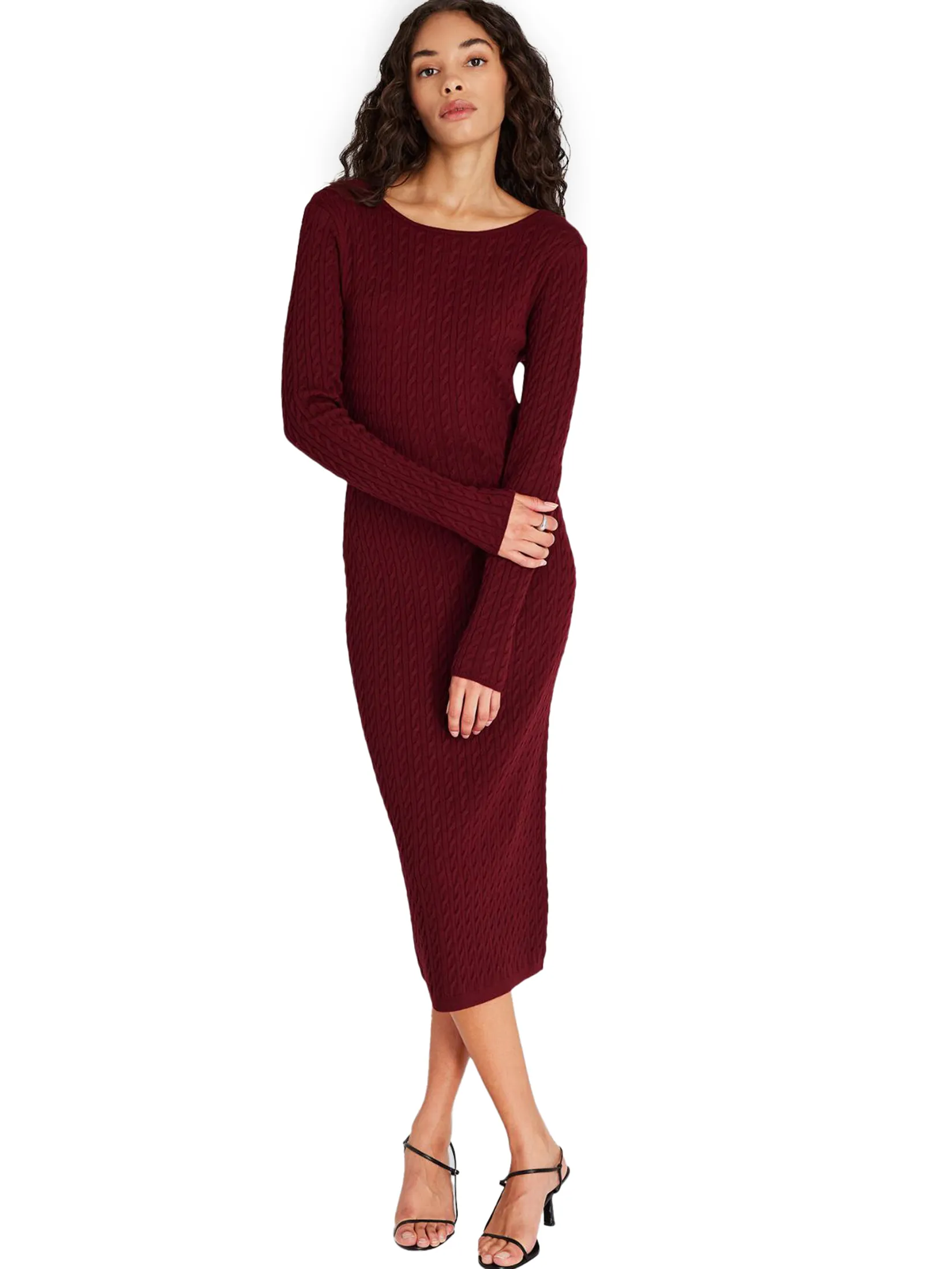CLUB MONACO Women Midi Dress Open-Back Cable Knit Burgundy Size - L