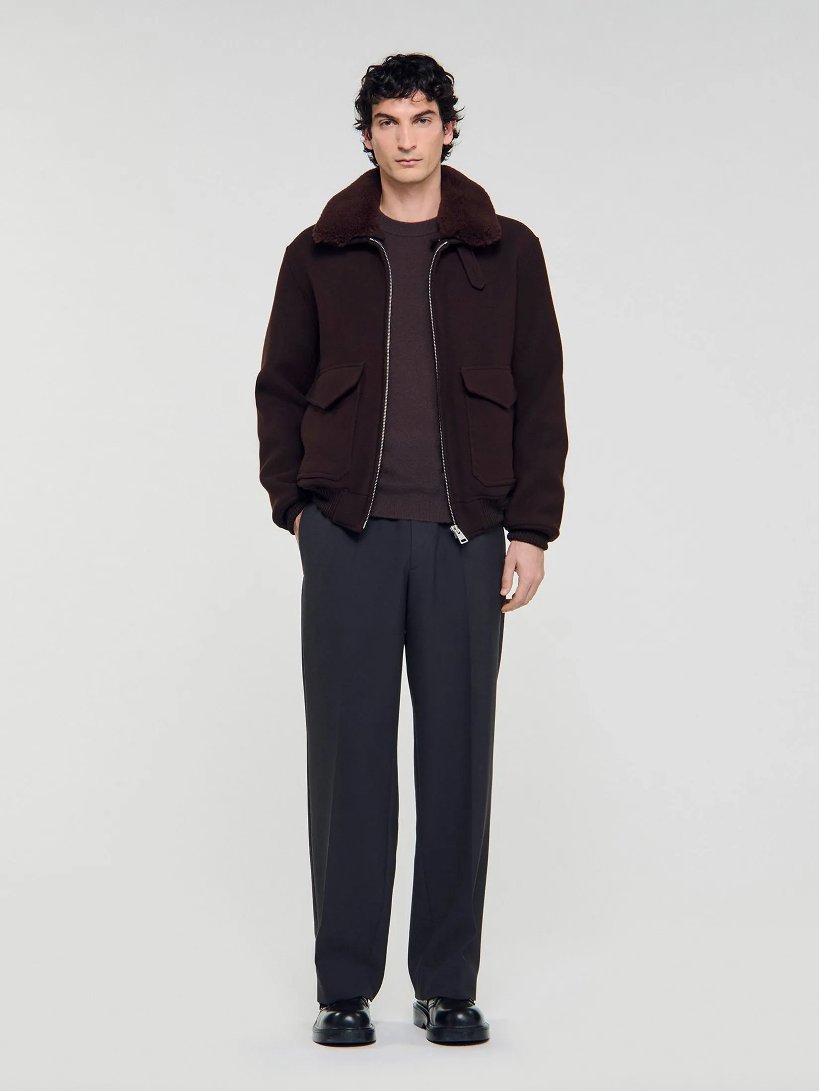SANDRO Wool Aviator Jacket With Shearling