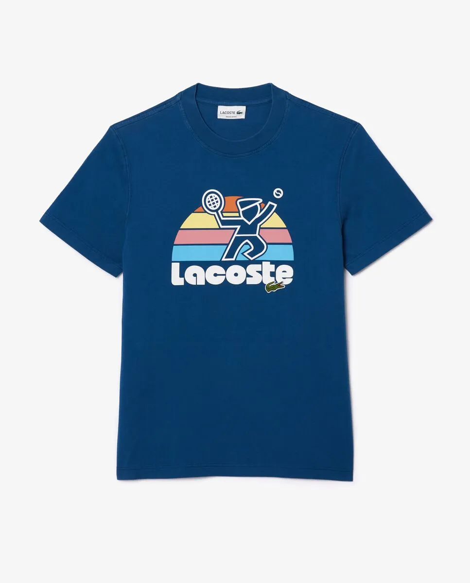 LACOSTE Washed Effect Tennis Print T-Shirt Blue