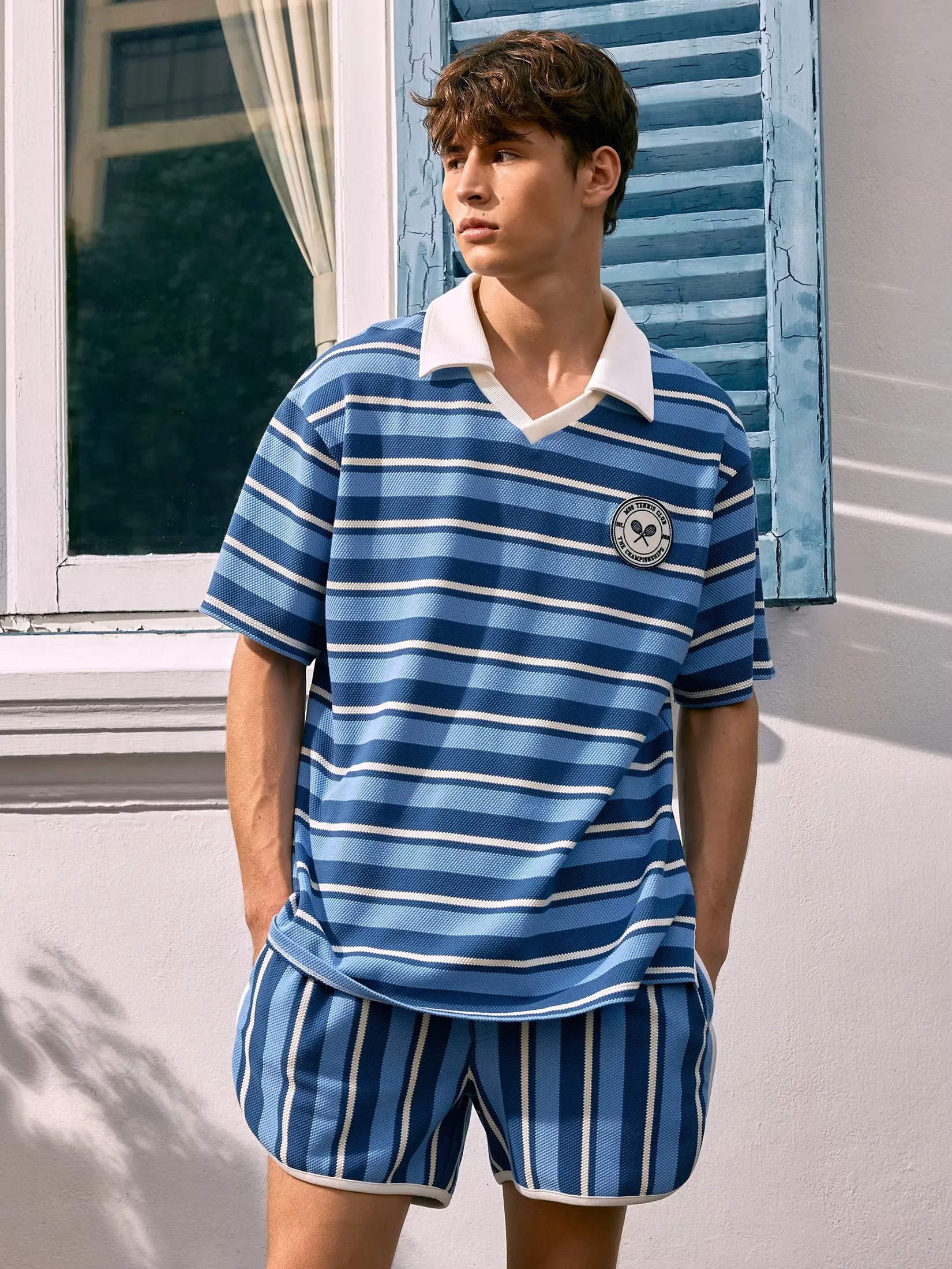 MOO [MOO 3/25]  Tennis Striped Knitted Shorts Blue