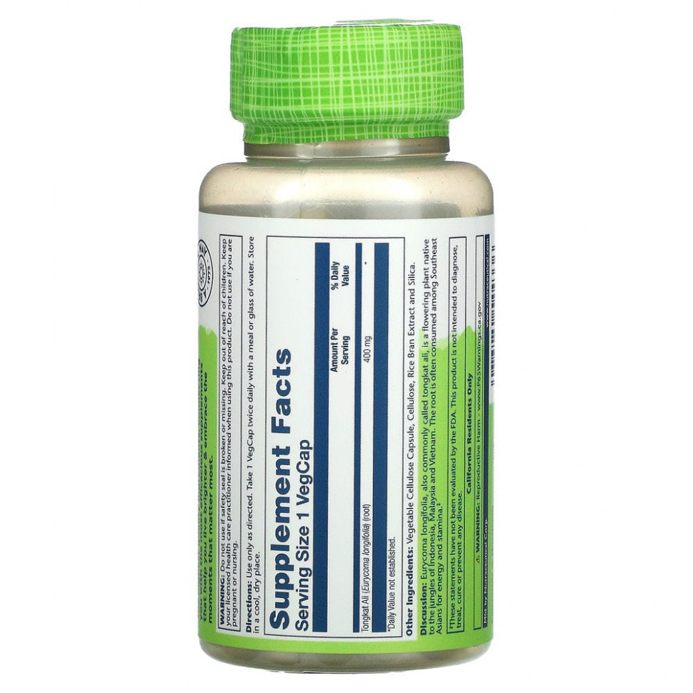 Solaray, эврикома длиннолистная, 400 мг, 60 вегетарианских капсул