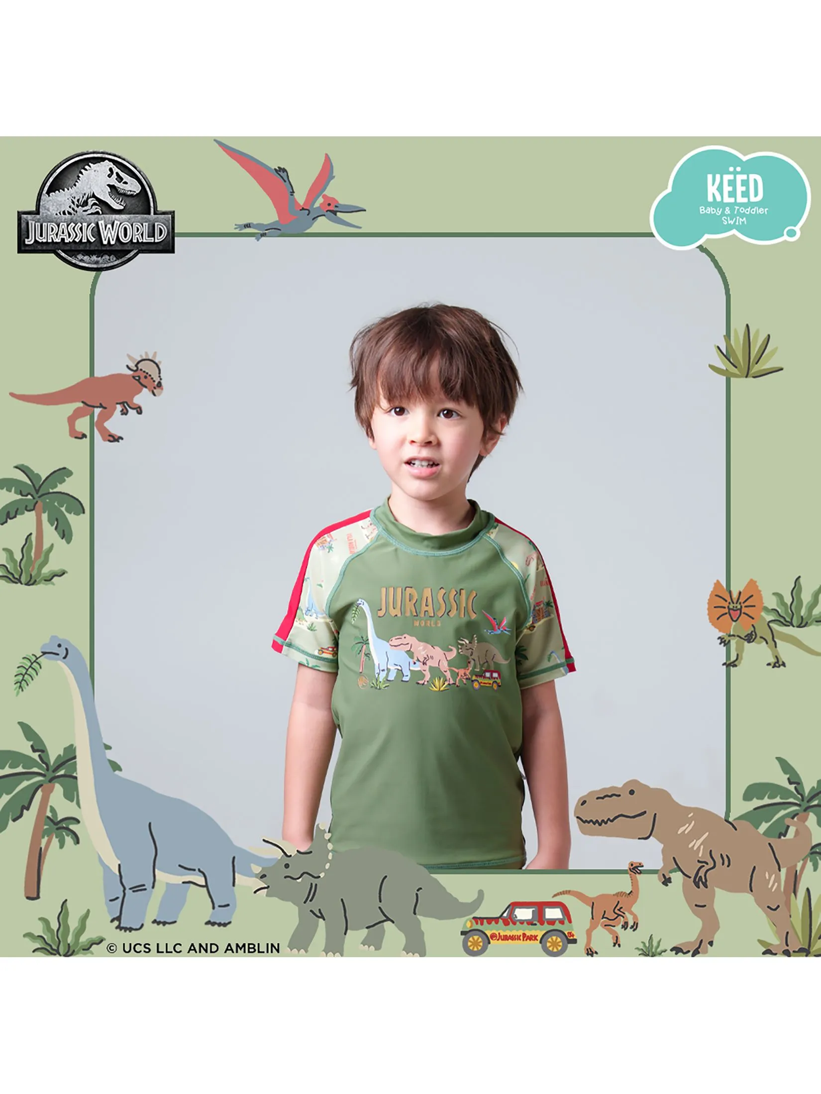KEED Boy Swimming Set Rashguard Short Sleeves + Shorts Jurassic World Khaki Green