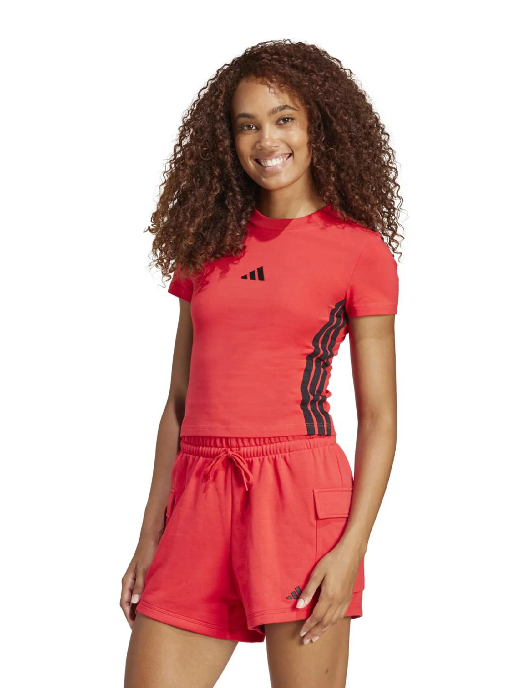 ADIDAS Women T-Shirt Essentials 3-Stripes Slim Baby JE1242 Pure Ruby / Black