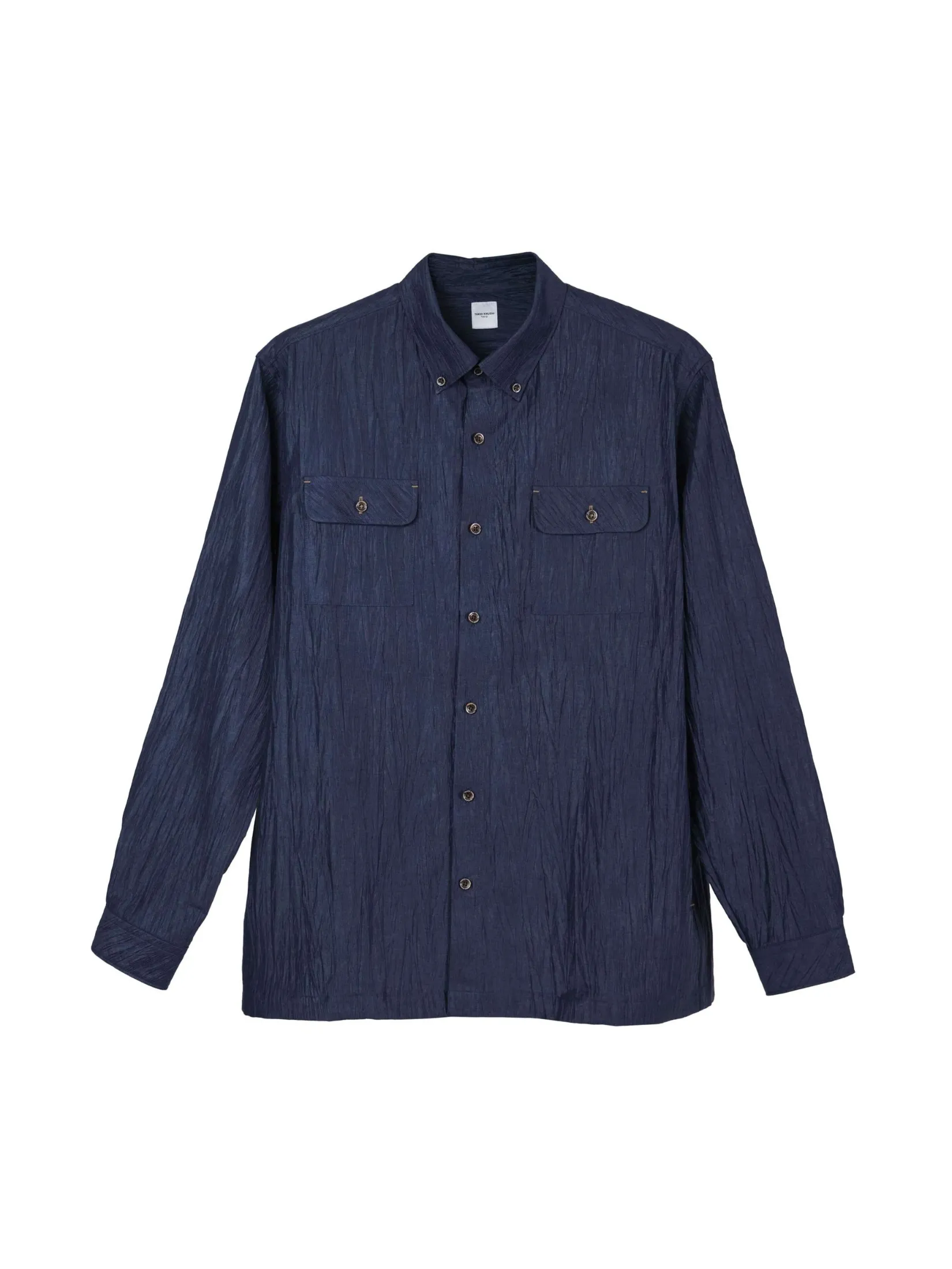 TAKEO KIKUCHI MEN NAVY TEXTURED STRIPE CHECK OVERSIZED SHIRT