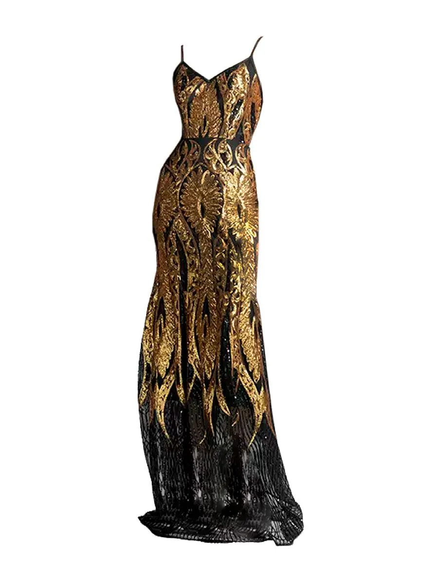 GOUDINRQC Women Midnight Glamour Fusion Evening Dress Black and Gold