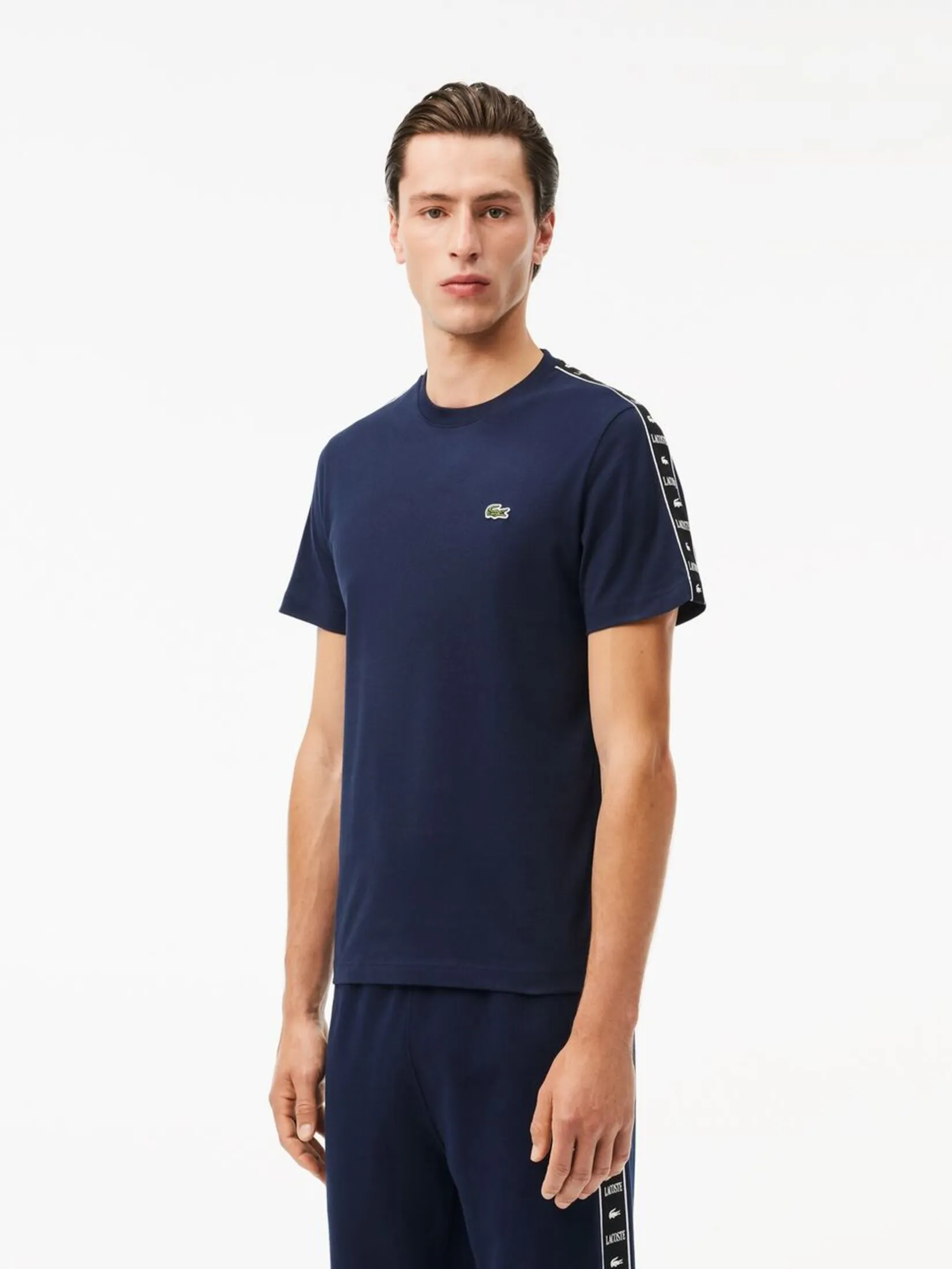 LACOSTE Logo Stripe Cotton T-shirt Blue